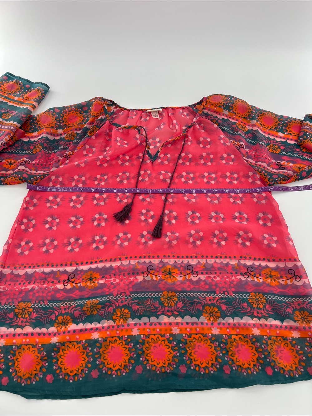 Natural Life Floral Peasant Blouse sheer lightweight breezy resort vacation L - Picture 5 of 8
